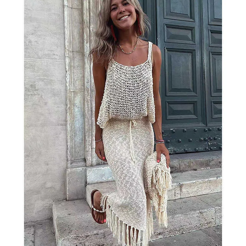 Women's Swimwear 2023 Cover-ups Knitted Sexy See Through Mesh Beach Cover Summer Camisole Blouse Tassel Long Skirt Two-piece Set Hollow Out Dress Y230311