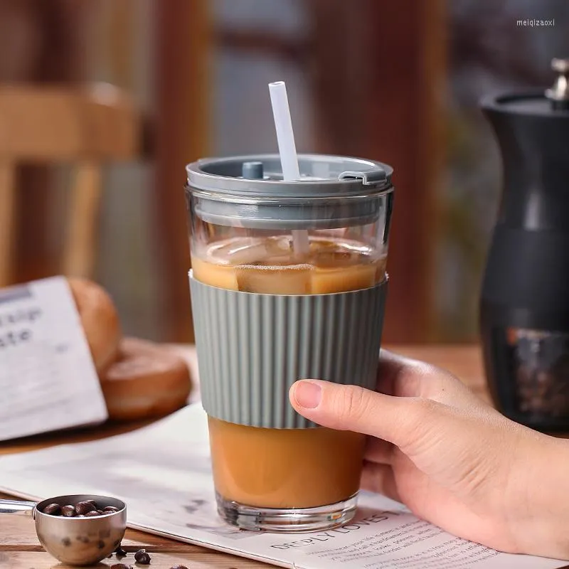 450ml Coffee Cup Water Bottle Thick Glass Mug Heat-Resistant Milk Juice Cup  Drinkware Travel Sealed Lids Non-slip Set Straw Mug