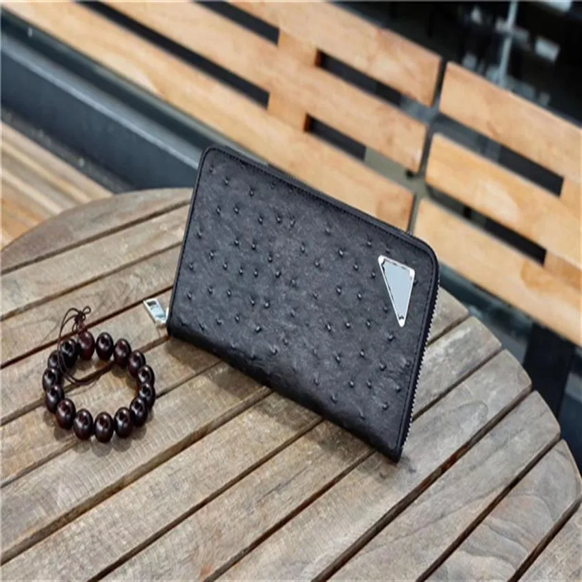 Classic retro style luxury matching ostrich skin grain Real leather highest quality men's wallet clip card 23376 size 21cm 11232I