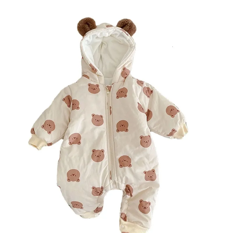 Rompers Winter Warm Baby Rompers Peuter Girls Girls Fur Hoodie Jumpsuits Cartoon Infant Boys Outfit 230311