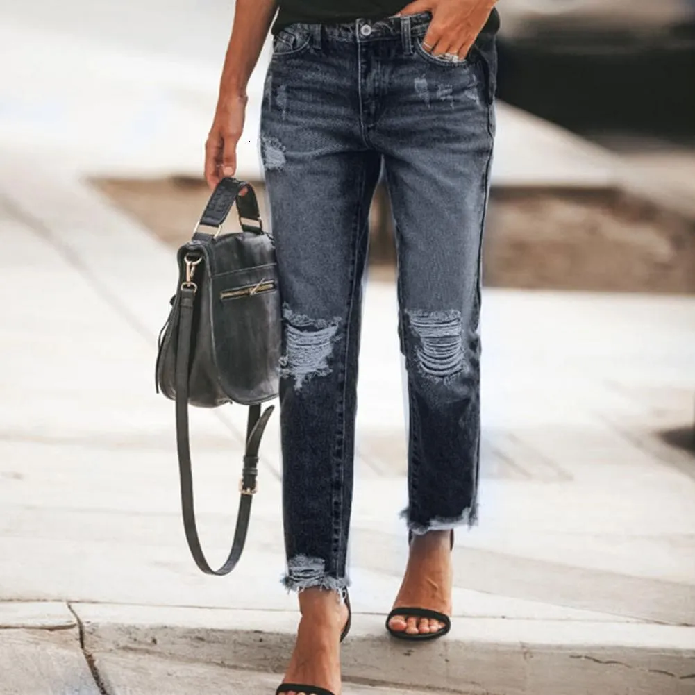 Kvinnors jeans casual eleganta kvinnor jeans rippade tofsels fickor sommar solid färg nödbyxor streetwear smala byxor 230311