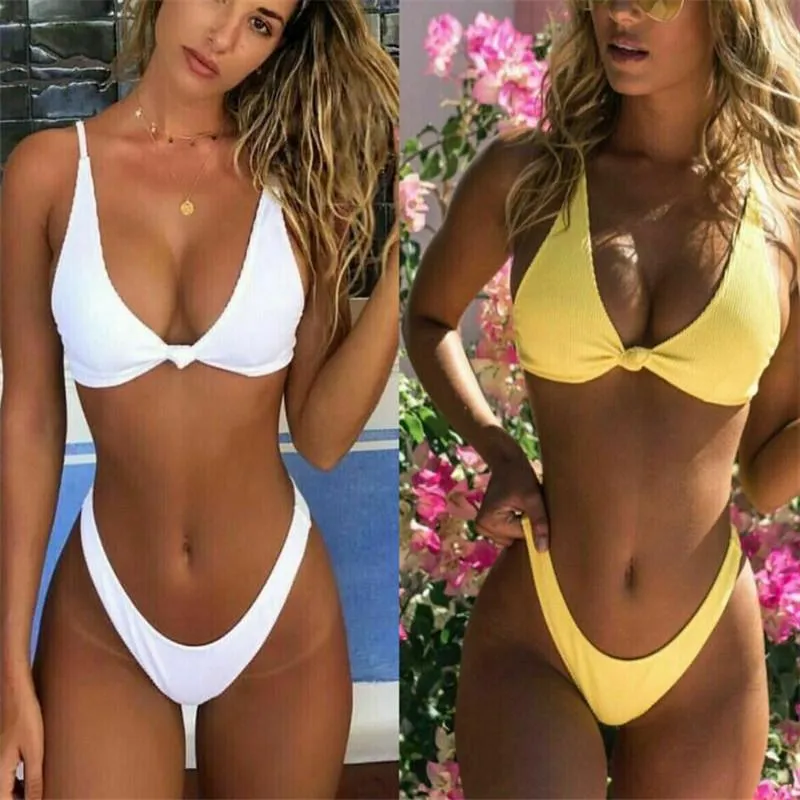 Kvinnors badkläder kvinnors bandage push-up vadderad bikini set baddräkt baddräkt mycket fast knut två stycken strandkläder gul vit