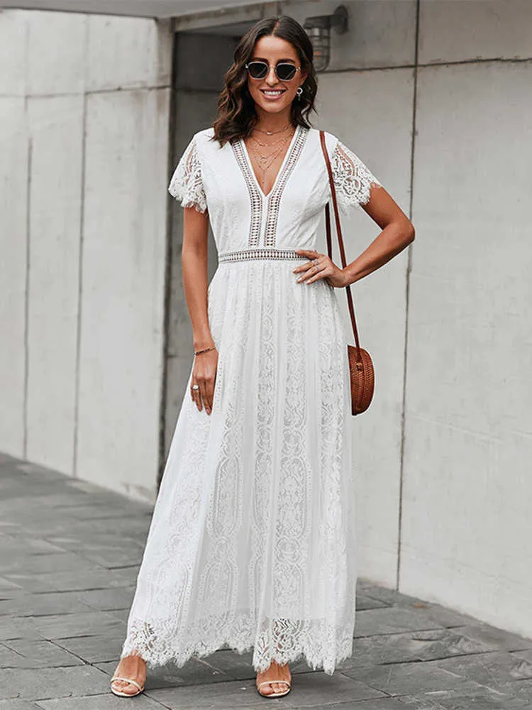 Casual Dresses Summer Floral Lace Dress Women Elegant Party White Maxi Dress V Neck Wedding Long Dress Short Sleeve Hollow Out Woman Dress G230311