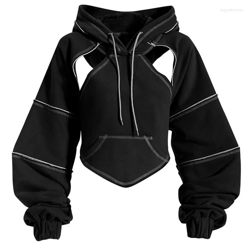 Damen Hoodies Crop Hip Hop Frauen Pullover Frühling Herbst Ausschnitt Rückenfrei Verband Kurz Kapuzen Sweatshirt Trainingsanzug