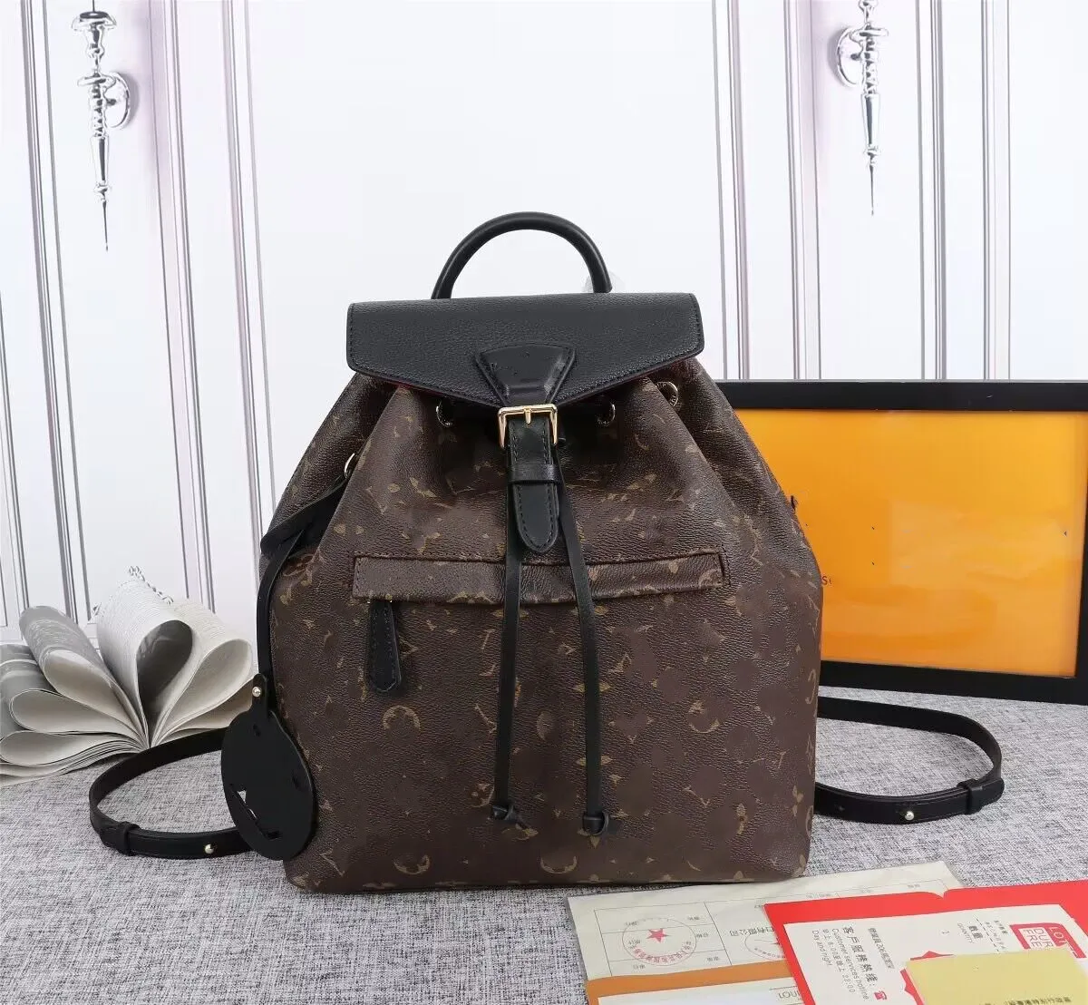 Real leather backpack plam spring bb pm embossed shoulder carry Magnetic buckle closure with drawstring 7A Genuine leather