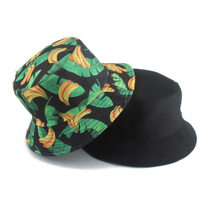 Brede rand hoeden zomer panama hoed voor vrouwen fruit bananen print omkeerbare emmer hoeden mannen zonbescherming bob vishoed mode hiphop cap p230311