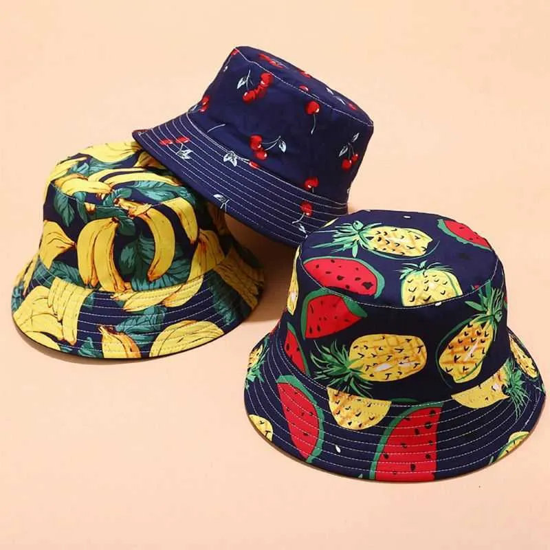 Chapeaux à large bord Femmes Hommes Été Réversible Pkable Seau Chapeau Coloré Harajuku Large Bord Fruits Tropicaux Ananas Banane Imprimer Pêcheur Cap P230311