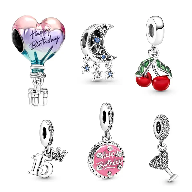 Pandora S925 Montgolfière en argent sterling, Lune, Cerise, Charme Bijoux à suspendre Convient pour Bracelet DIY Bijoux de mode