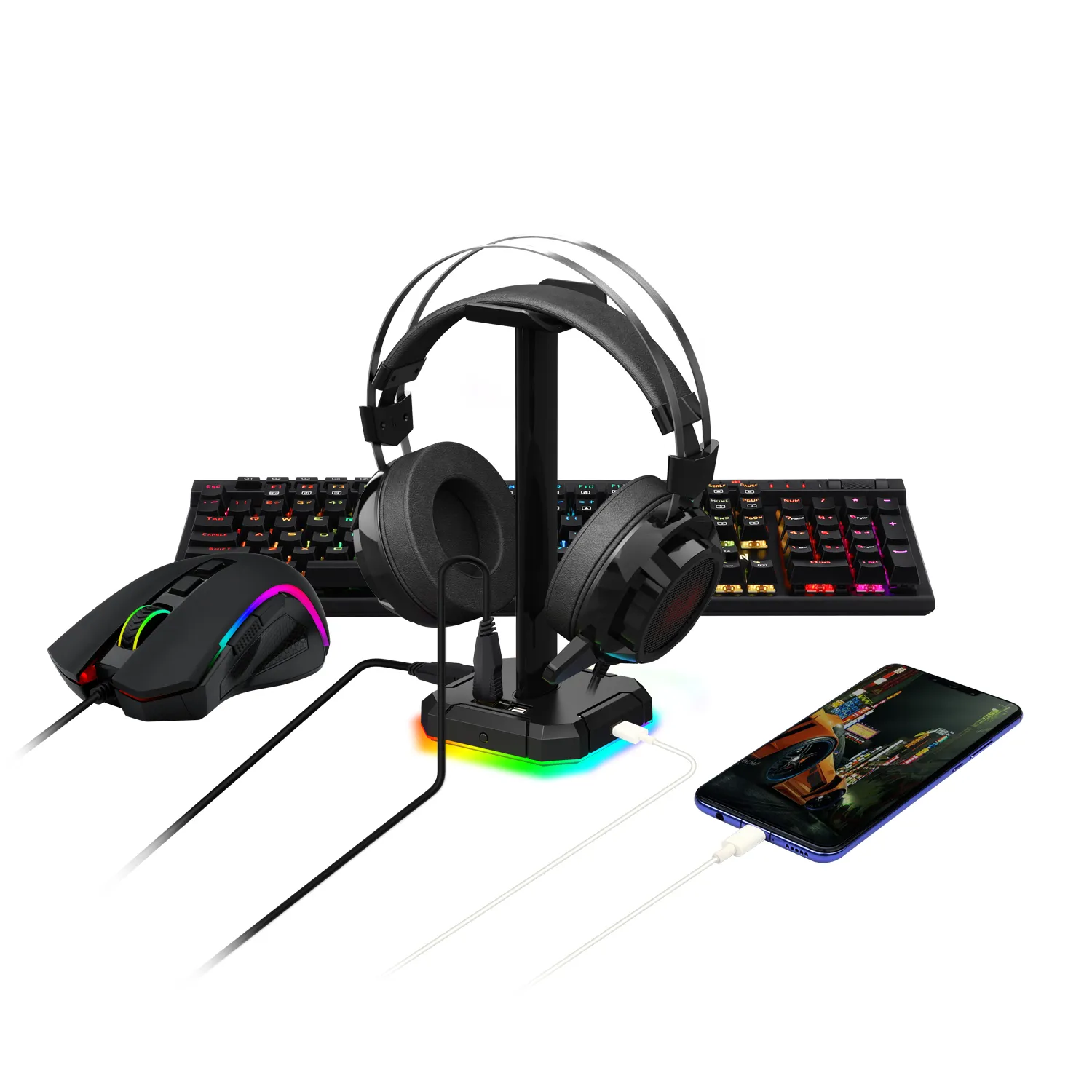 N HA300 Gaming Staft Stand RGB Zwrotu aluminiowego paska wspierającego bez poślizgu stałą gumową podstawę 4x USB 2.0 dla wszystkich słuchawek