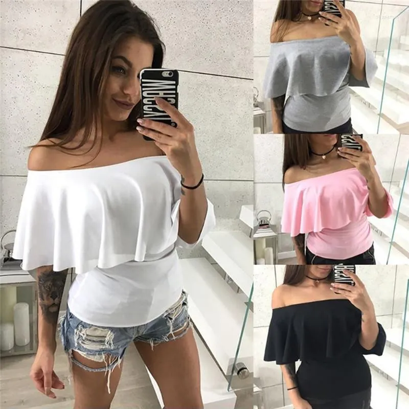 Blouses Femmes Mode Femmes Été Hors Épaule Blouse Chemises À Volants Sexy Couleur Unie Tops Dames Élégant Chemise À Manches Courtes