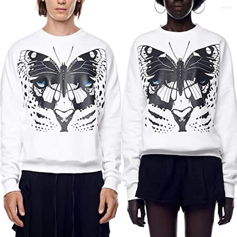 Men's Hoodies Men Women Pullover Harajuku Sweatshirt Splicing Butterfly Print Streetwear Long Sleeve Graphic White Tops Sudadera Mujer