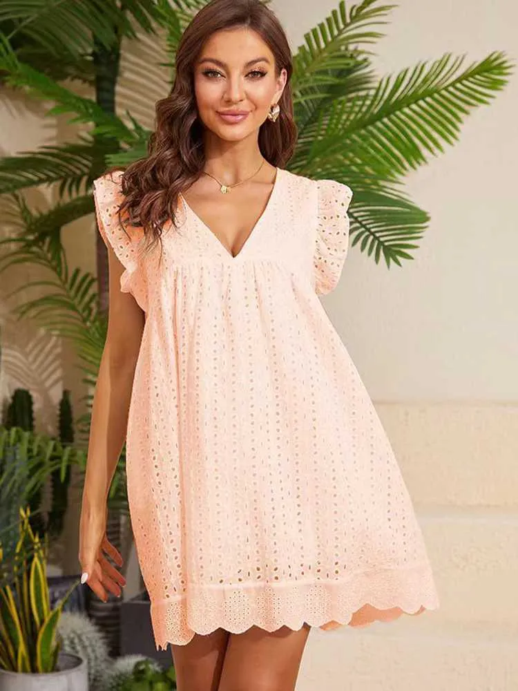 Casual Dresses Dress 2022 Summer Short Sleeve Cutout Lace Dress With Pockets Sweet Beauty Cutout Panelled V-neck High Waist Party Dress G230311