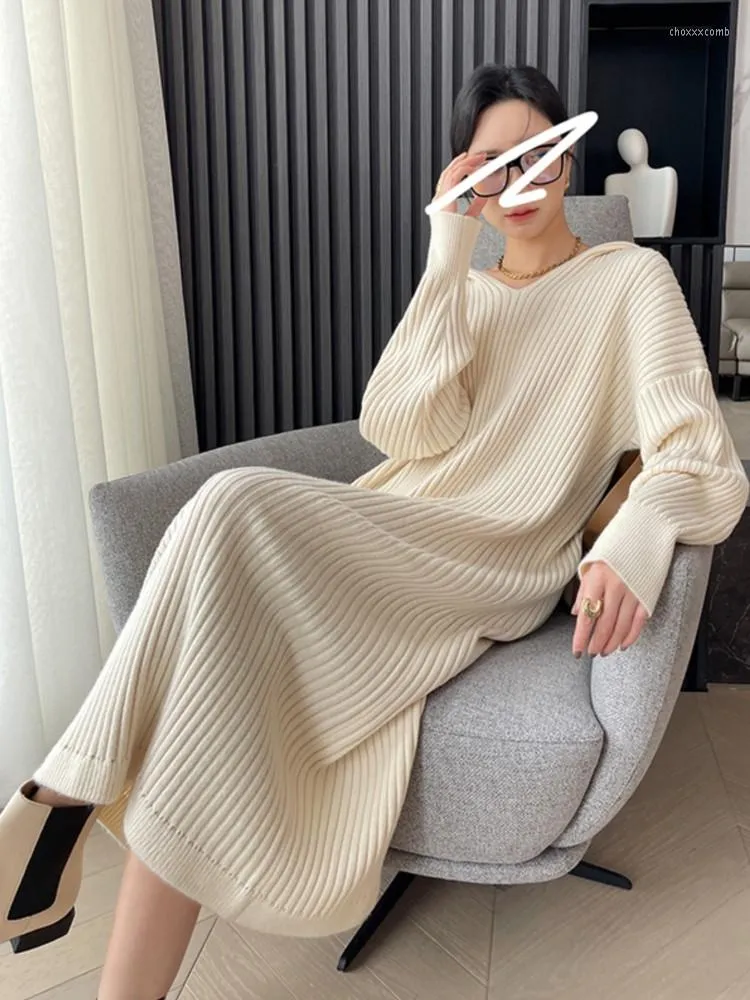 Casual Dresses Elegant Women's Winter Long Sleeve Sweater Hoodies Midi Dress Lady Loose Fashion Korean Knitting Robe Autumn 2023