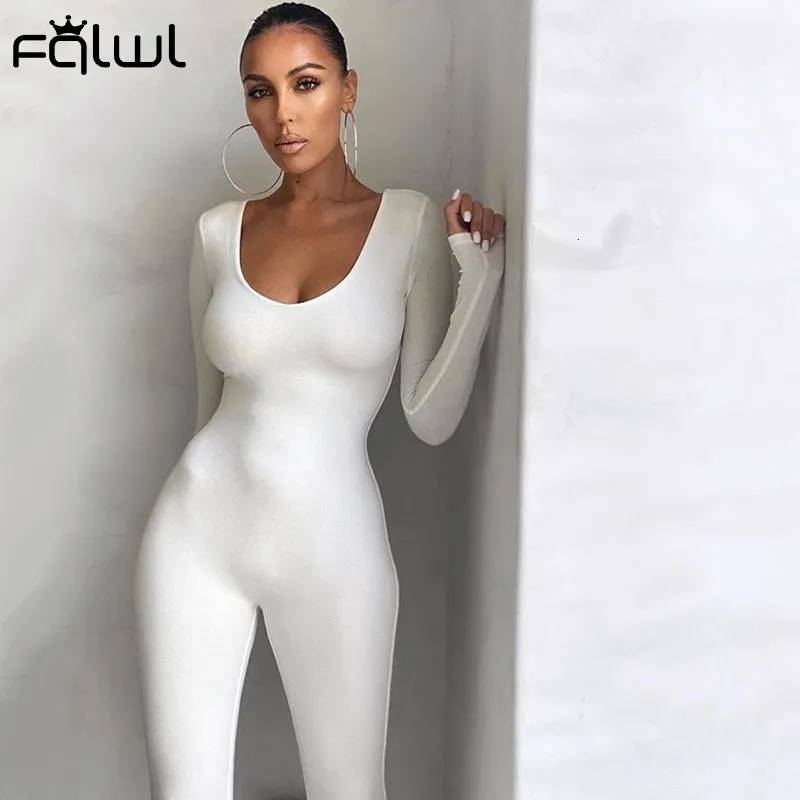 Women's Jumpsuits Rompers FQLWL Fall Winter Long Sleeve Sexy Rompers Womens Jumpsuit Female Outfits Brown Black White Bodycon Jumpsuit For Women 230310