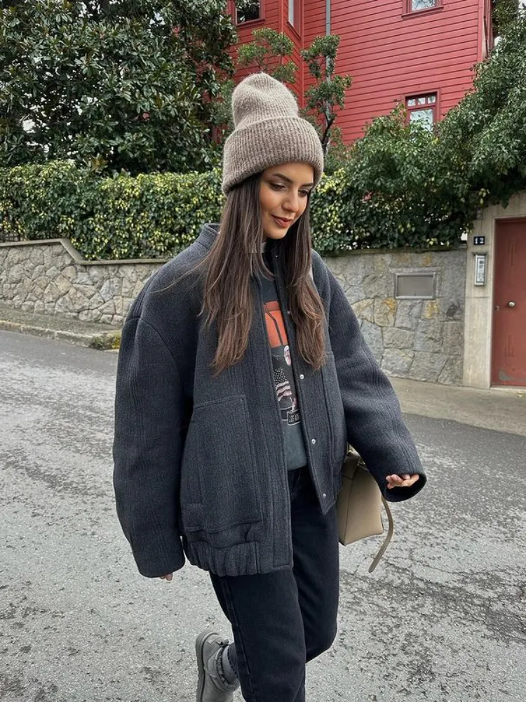 Oversized Wool Blend Bomber Jacket with Buttons for Women
