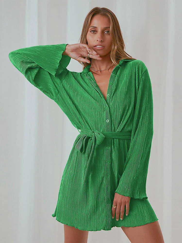 Casual Dresses Green Fashion Shirt Dress Women Loose Belted Long Sleeve Dress Summer Lapel Lace Up Pleated Dress Casual Elegant Solid Vestidos G230311