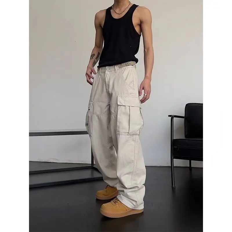 Мужские брюки японское городское трудное хлопковое комбинезон широкие штаны для ног Европейская и американская уличная высокая талия Слим Хип -Хоп Большой рта мода 230311