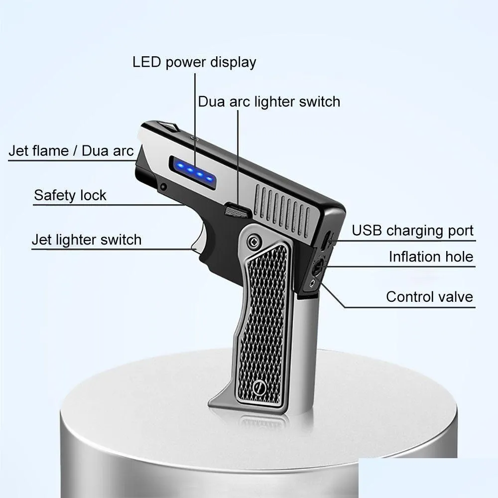 Accendini Unico Accendino Antivento Gaselettrico Plasma USB Ricaricabile Regalo Per Uomo Pistola Pieghevole Torcia Butano Turbo Jet Fiamma Sigaro Dro Dhlma
