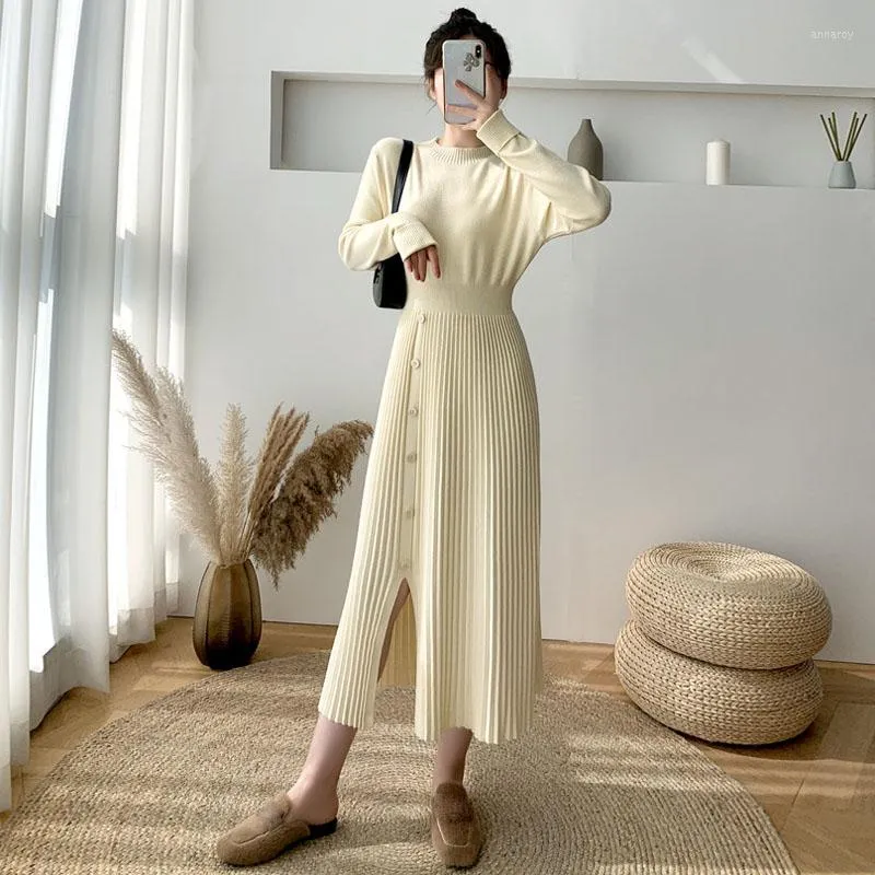 Casual Dresses Women Knitted Dress 2023 Autumn Long Sleeve Woman Sweater Vintage Elegant Mid-Calf