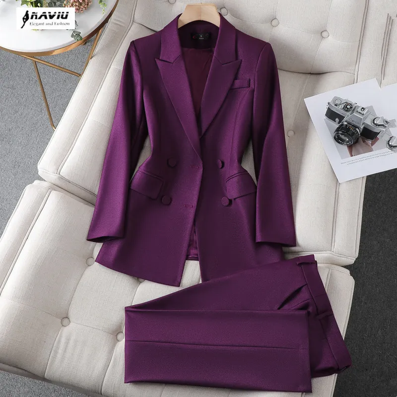 Abiti da donna Blazer Naviu Abiti invernali Pantaloni formali Completo da donna 2 pezzi Set manica lunga Blazer spesso e pantaloni a vita media Abbigliamento da lavoro 230311