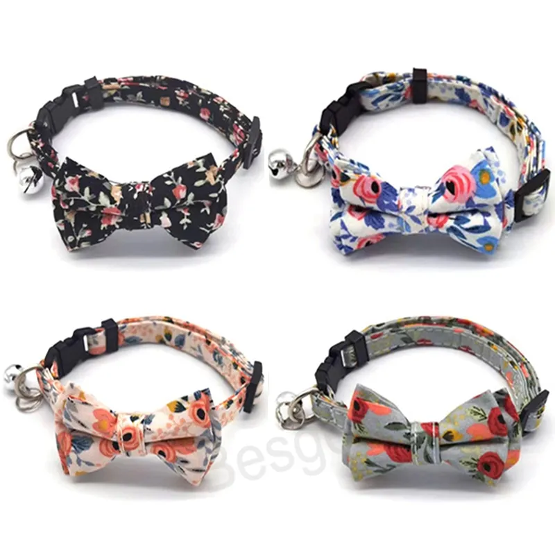 Bowknot Printing Flower Cat Dog Collars Pet Rose Flowers Dogs Collar With Small Bell Lovely Floral Printed Pets Neck Bow Tie BH8429 TQQ