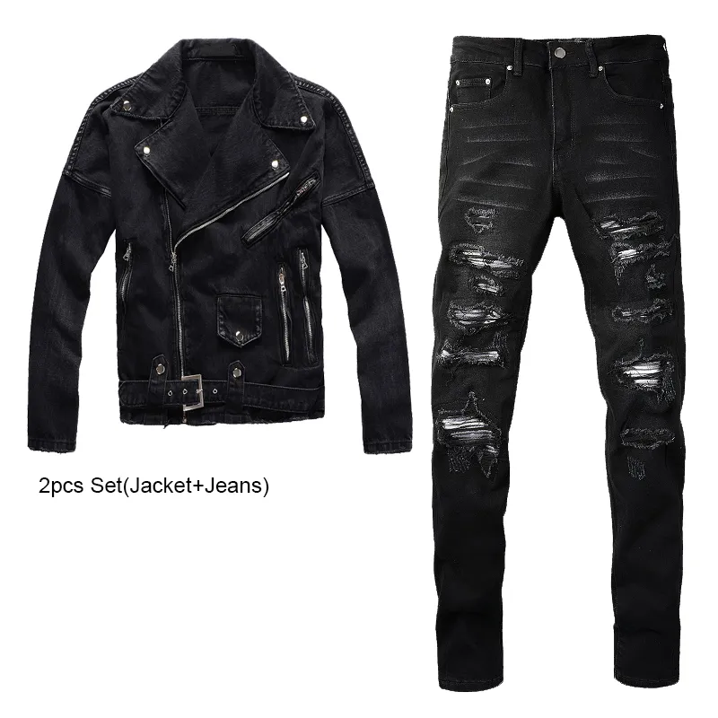 Svarta träningsdräkter Punk Slim Men's 2st Jeans Set Slant dragkedja denimjacka och rippade lappsträcka byxor High Street Trendiga män kläder