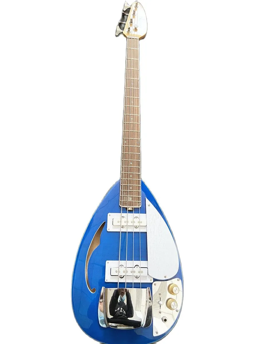 4-strings traan druppel vox phantom elektrische bas gitaar gitaar blauw semi holle body wit pickgurd chroom hardware