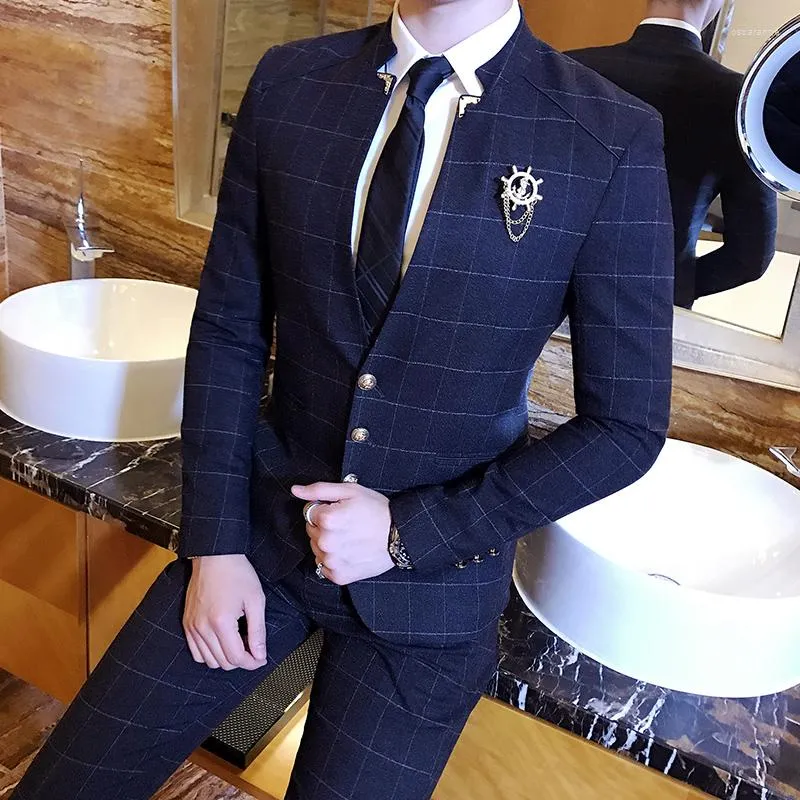 Men's Suits Mandarin Collar Suit Plaid Check Male 2023 Chinese Business Casual Terno Slim Fit Black Navy Wedding