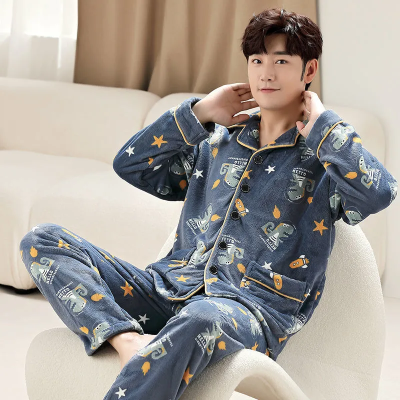 Men's Sleepwear Winter Warm Mens Pajamas Set Flannel Long Sleeve V Neck Homewear 2 Piece Casual Loungewear 5XL Hombre Pyjama Male Nightgown 230311