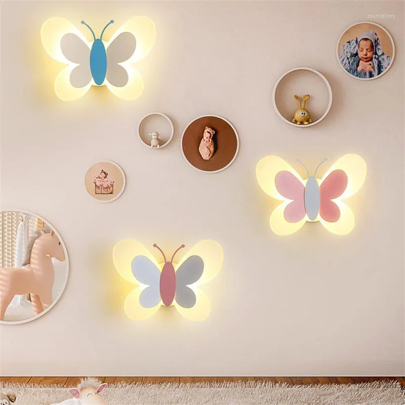 Wall Lamps Cute Blue Pink Butterfly Lamp Creative Interior Light For Kids Child Girl Boy Baby Bedroom Nursery School Decor Sconce