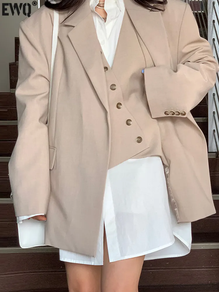 Women's Suits Blazers EWQ Notched Neck Side Buttoned Vest Stitching Fake Two-piece Long-sleeved Blazer Women Spring Fashion Ladies Coats Suits 230311