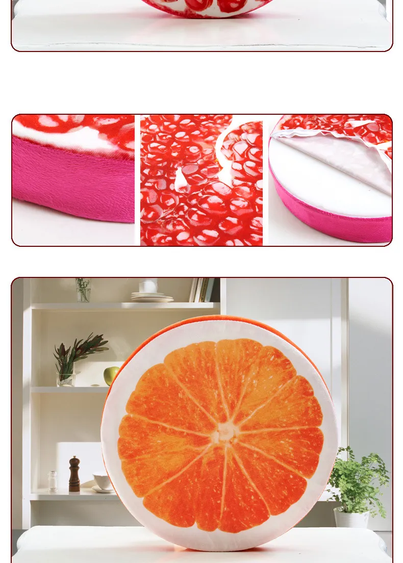 Coussin de Fruit rond 3D 40cm, Fruit Orange citron Kiwi épais