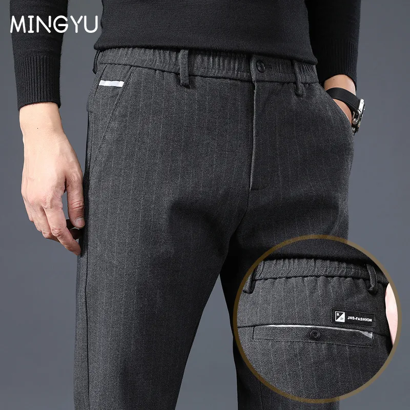 Men's Pants Mingyu Brand Spring Autumn Stripe Pants Men Classic Business Elastic Waist Slim Formal Suit Black Grey Casual Trousers Male 230311