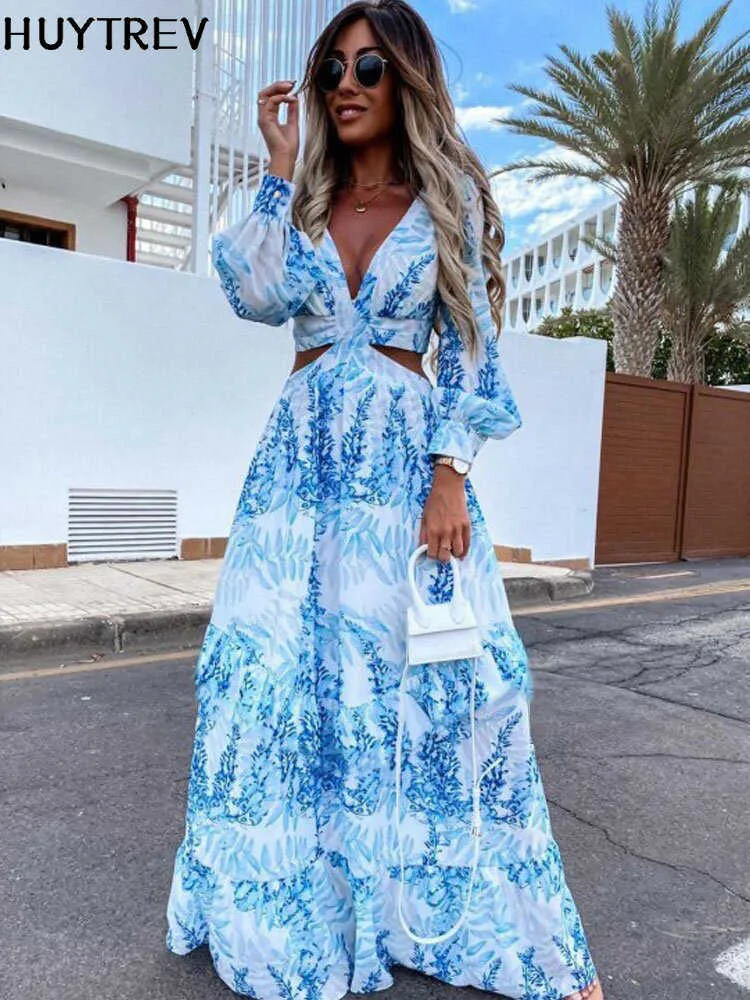 Casual Dresses Elegant Sexy V Neck Hollow Out Long Dress For Women 2022 Autumn Casual Long Sleeve Print Bohemian Beach Vacation Midi Dresses G230311