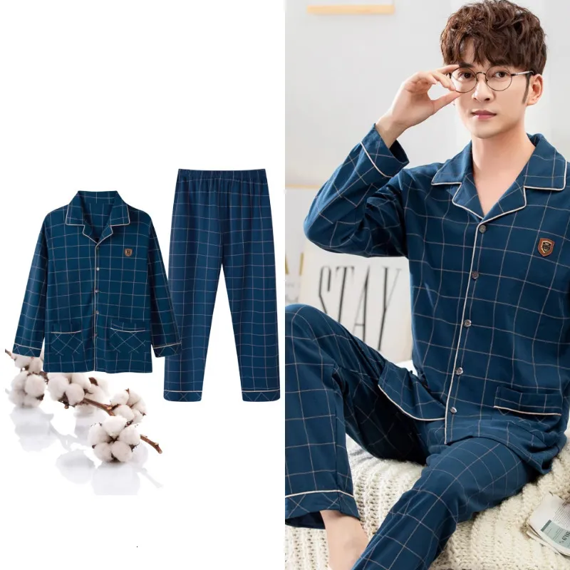 Herrens sömnkläder Big Size M-4XL Autumn HQ Cotton Gentleman Men Pyjamas Men's Pyjamas Set Lapel Sleepwear Pyjamas Night Suits Pijamas Homewear PJ 230311