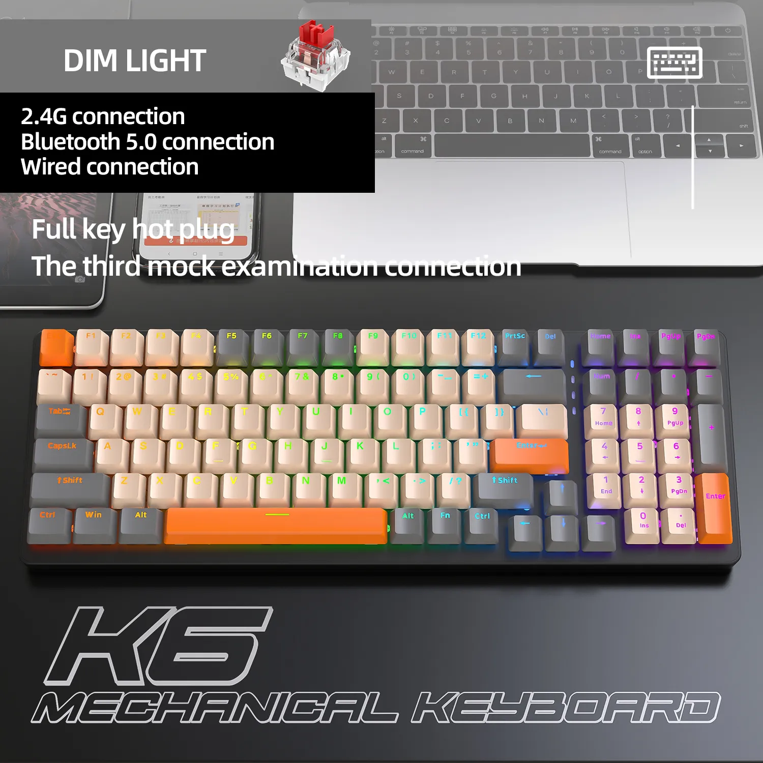K6 100 touches RGB claviers mécaniques de jeu sans fil échangeables à chaud trois modes type-c filaire 2.4G/BT5.0 clavier mécanique sans fil