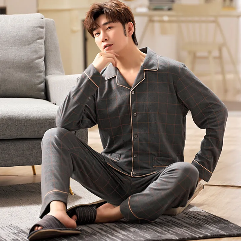 Ropa De Dormir Para Hombres 6XL Pijama De Algodon Completo Para Hombres 2 Piezas Lounge Pijamas Pijamas Plaid Otono Camison Ropa Para El Hogar Hombre PJs Conjunto De Pijamas De Algodon Puro