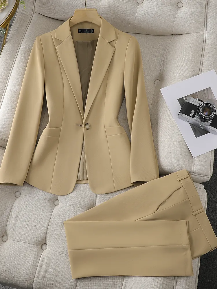 Womens Suits Blazers Women Ladies Pant Suit Formal Business Work Wear Blazer And Trouser Khaki Pink Black Female Long Sleeve Set 230311 From 122 7 DHgate