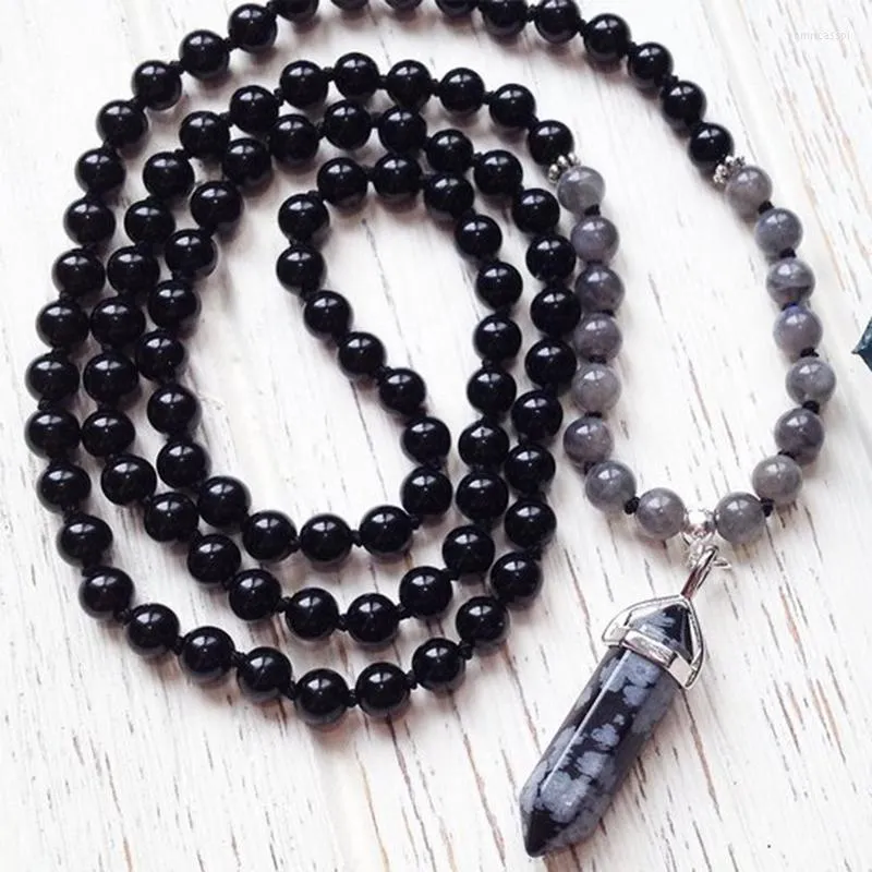 Hänge halsband snöflaken obsidian för män grå a-gate svart onyx 108 mala pärlor knutna halsband mens meditation