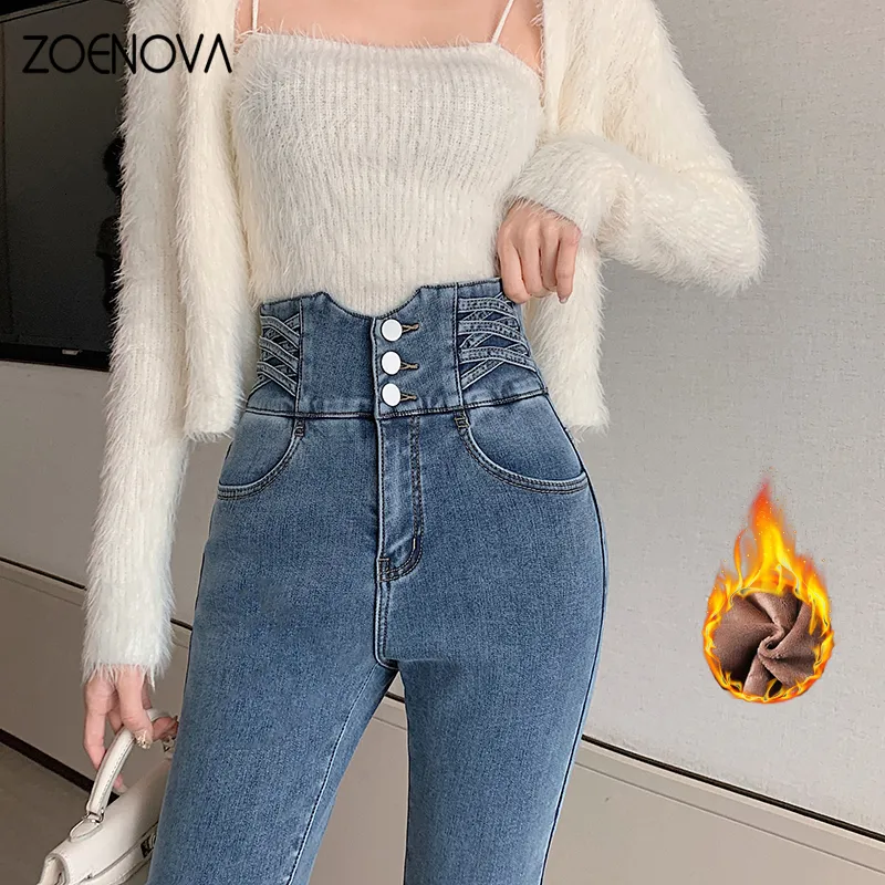 الجينز للسيدات Zoenova Winter Warm Winter Winter Winter Ceans High Weist Skinny Pants Fleece Velvet المرونة Jeggings غير رسمية مستقيمة جان امرأة 230311