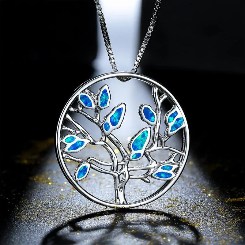 Collane con ciondolo Collana con albero della vita femminile di lusso Catena con opale rotondo blu bianco per collana da sposa color argento con ciondolo da donna