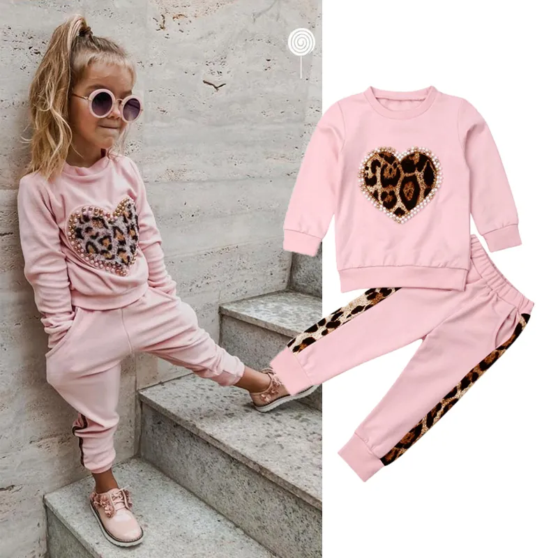 Kledingsets 15 jaar Autumn Winter Toddler Kids Baby Meisjes Tracksuitsets Sets Roze lange mouw Leopard Tops Long Pants Outfits 230310
