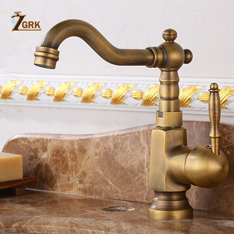 Bathroom Sink Faucets ZGRK Basin Sink Faucet Antique Brass Water Tap Bath Deck Mounted Wash Basin Taps 360 ° rotation Bathroom High Sink Mixer Tap 230311