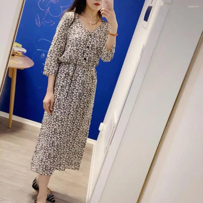 Party Dresses Women High Quality Viscose V Neckline Floral Printed Midi Long Dress With Half-buttoned Closure & Waist Ties