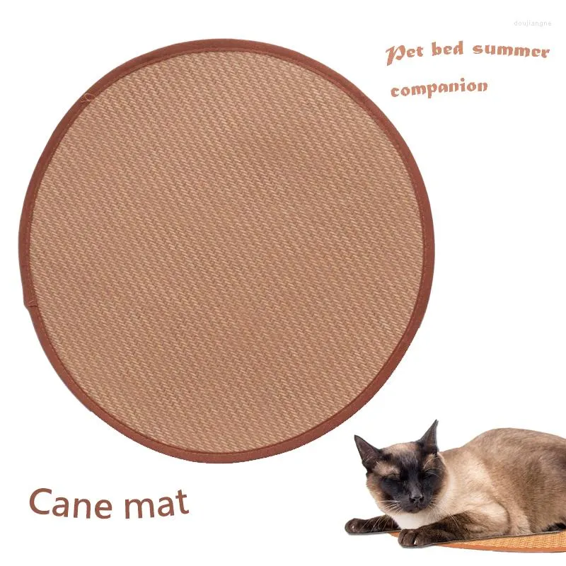 Lits pour chats Lit d'été pour animaux de compagnie Compagnon de refroidissement Tapis rond en rotin tissé 5 tailles pour chats et chiens Coussin de couchage confortable et rafraîchissant