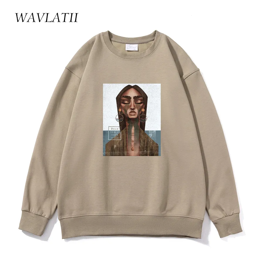 Women's Hoodies Sweatshirts WAVLATII Women Casual White Female Khaki Soft Oversized Cool Printed Hoodie Unisex Oneck Long Sleeve Tops WH2225 230310