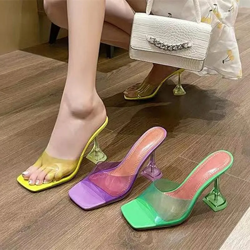 Dress Shoes Transparent Casual Women's Sandals Outdoor Square Toe Crystal Kitten High Heel Fashion Lady's Sexy Sandal