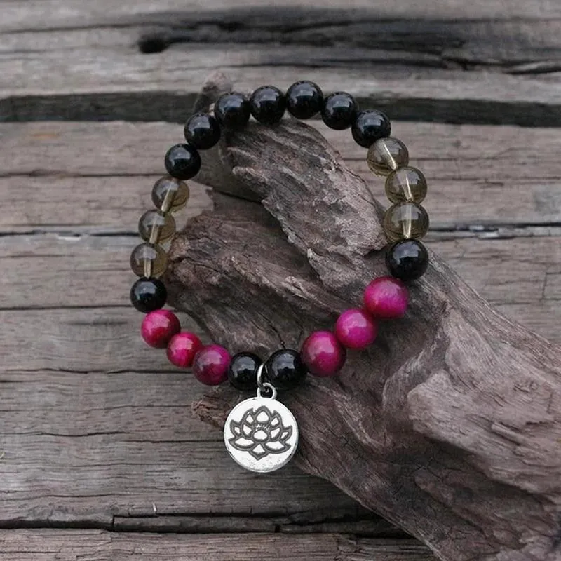 Brins Perlés Brins Pierre Naturelle 8 MM Oeil De Tigre Noir Onyx Bracelet Lotus Pendentif Perle Ronde Bracelets Mala Perles Bracelets De Mode