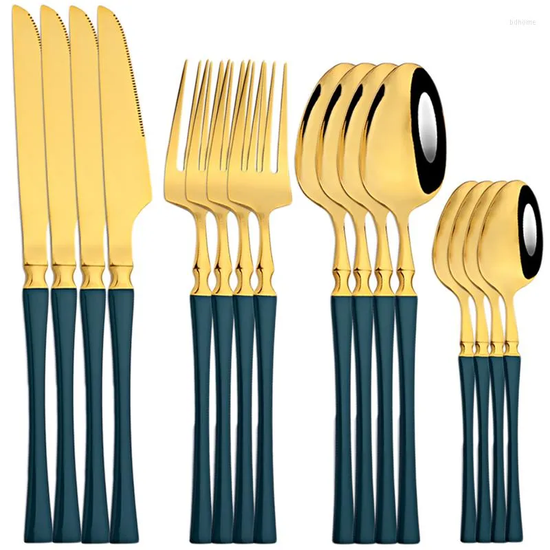 Conjuntos de talheres 16pcs Dinnerware Green Gold Calheres de ouro