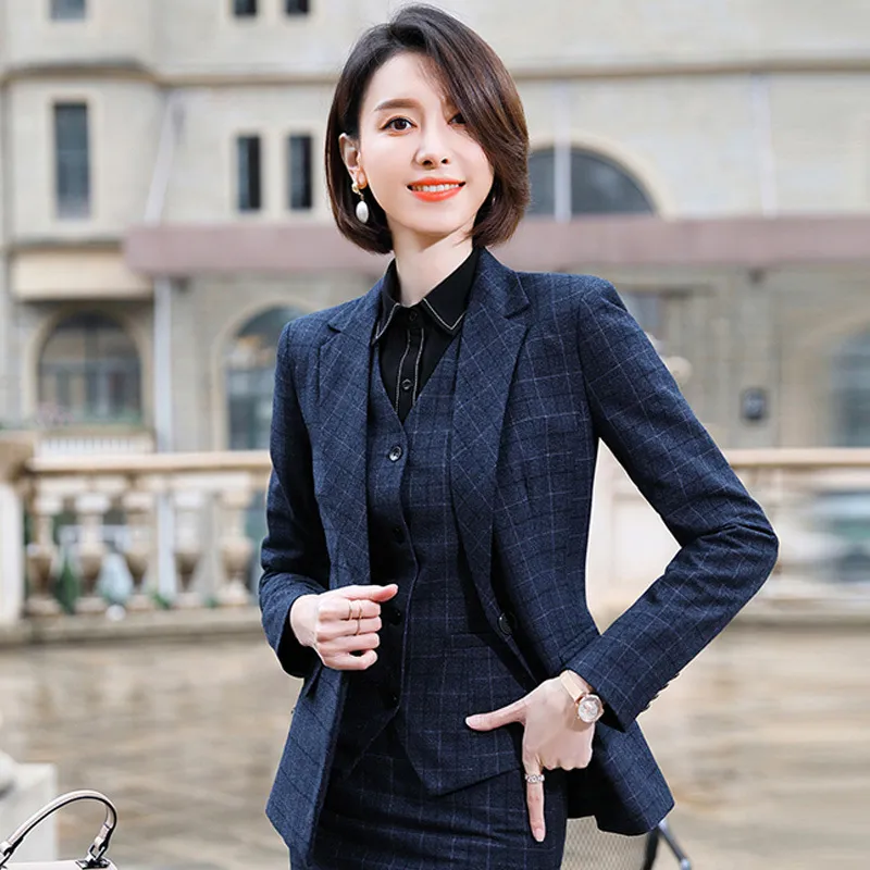 Women's Suits Blazers IZICFLY Autumn Spring Professional Plaid Uniform Business Suits with Trouser Slim Office Blazer Set For Women Work Wear-1 Piece 230311